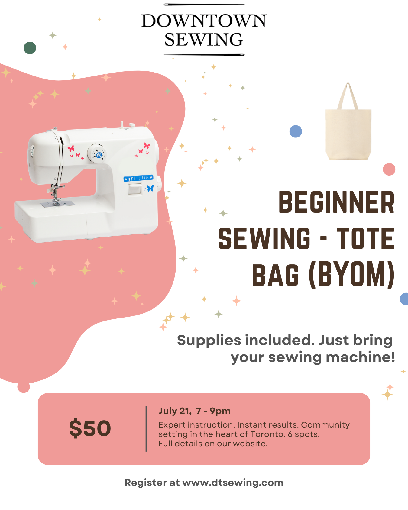 Beginner Sewing (BYOM) July 21, 7-9pm