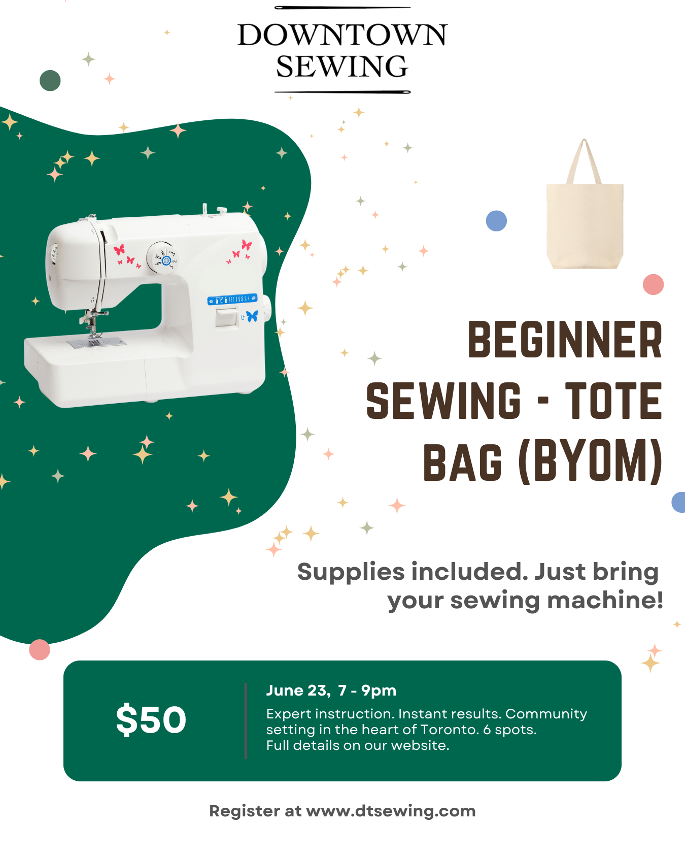 Beginner Sewing (BYOM) June 23, 7-9pm