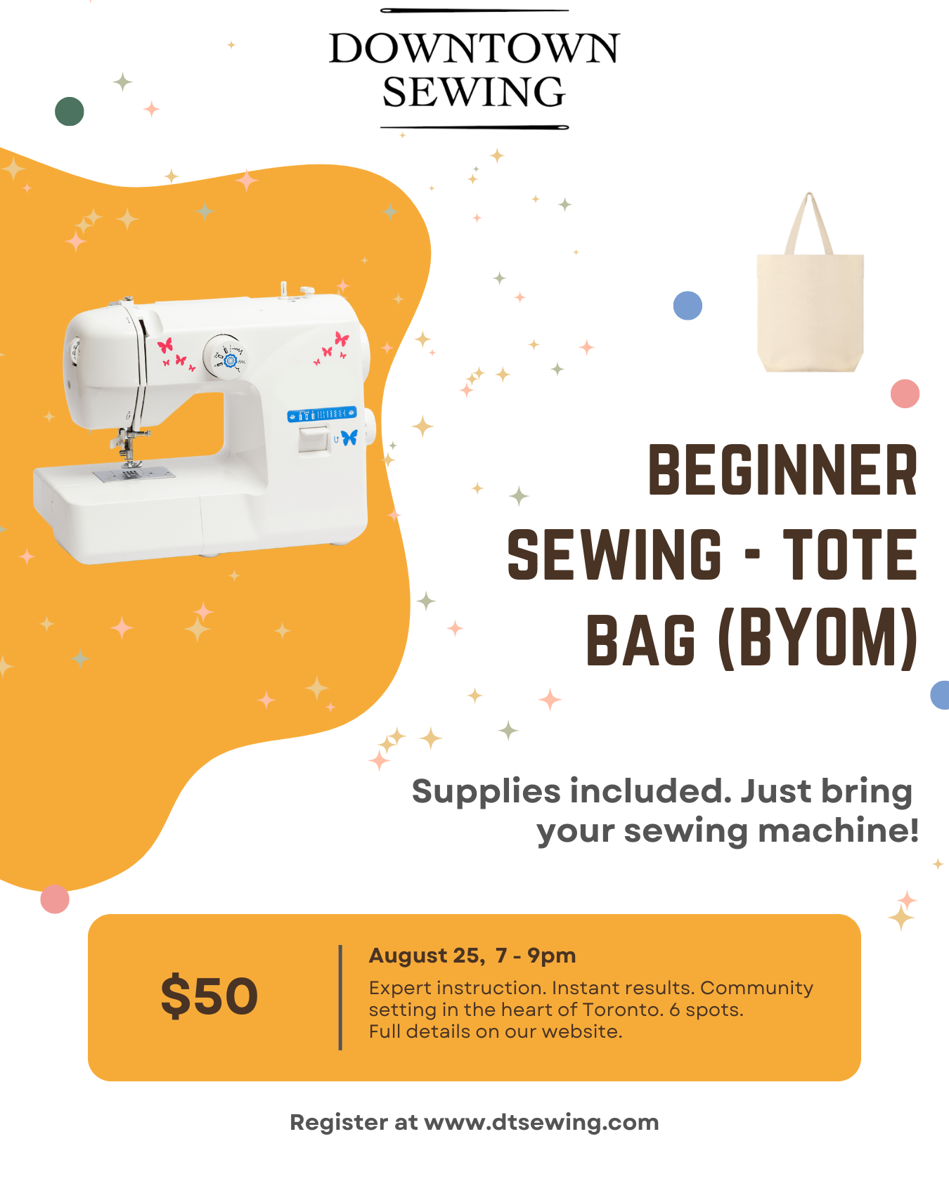 Beginner Sewing (BYOM) August 25, 7-9pm