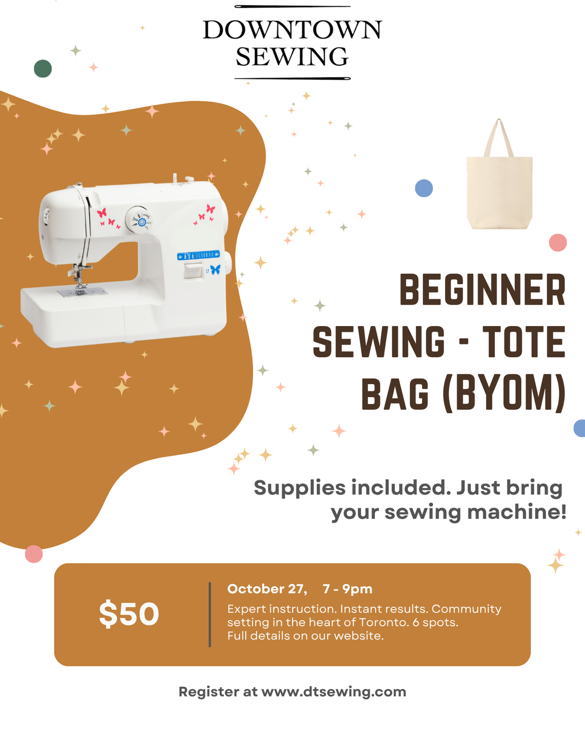 Beginner Sewing (BYOM) October 27, 7-9pm