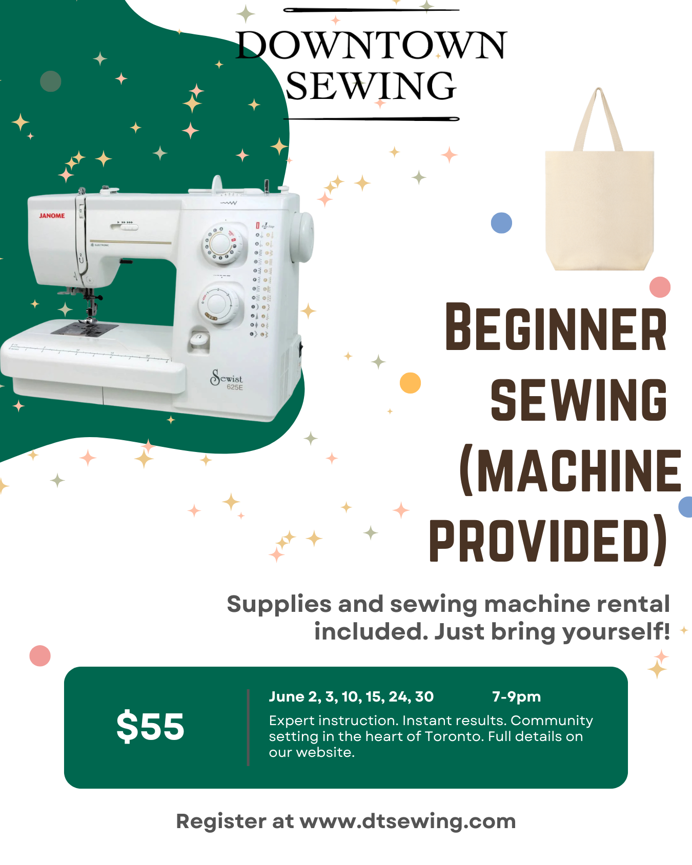 Beginner Sewing (machine provided) - June 2, 3, 10, 15, 24, 30 (7-9pm)