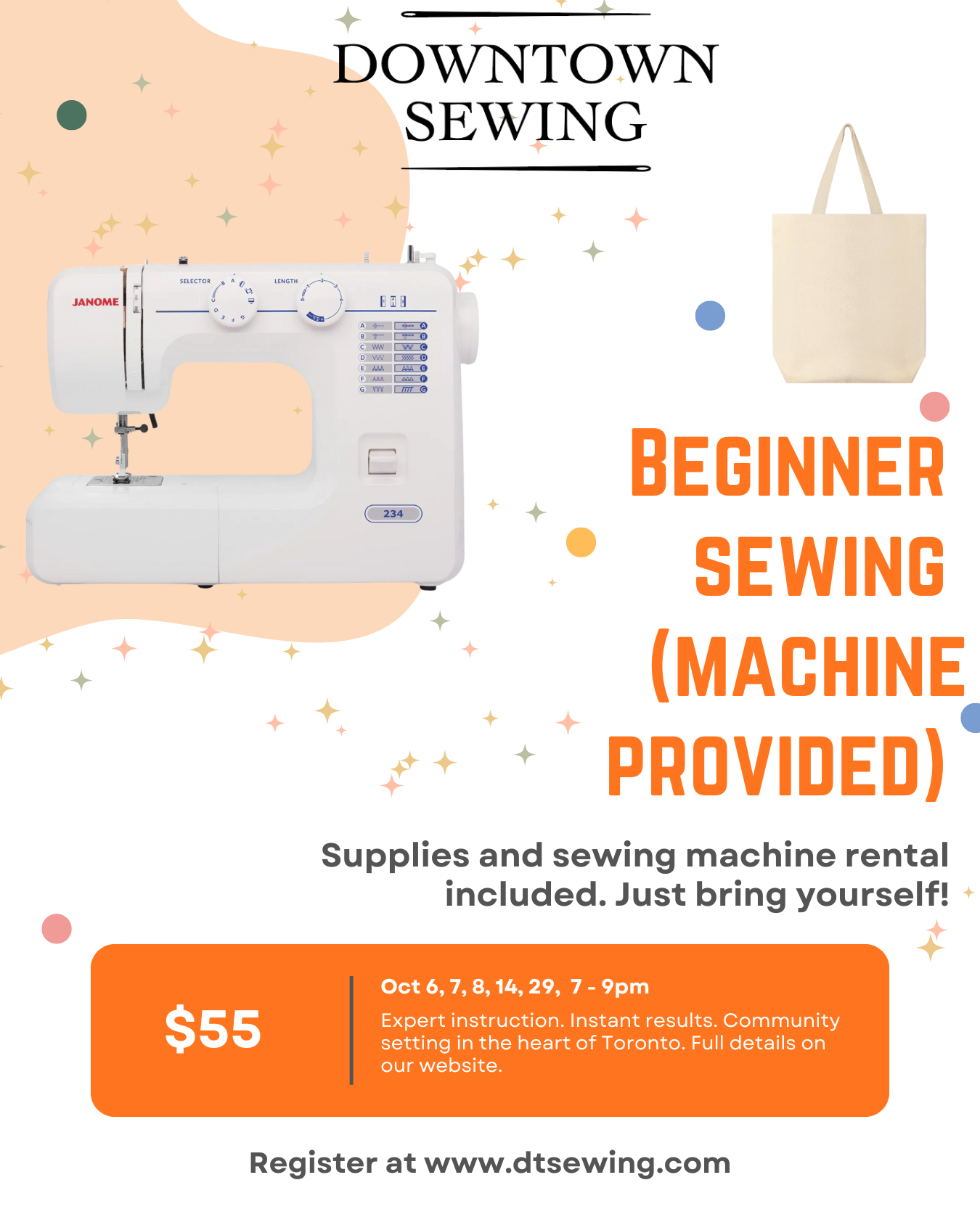 Beginner Sewing (machine provided) - Oct 6, 7, 8, 14, 29 (7 - 9pm)
