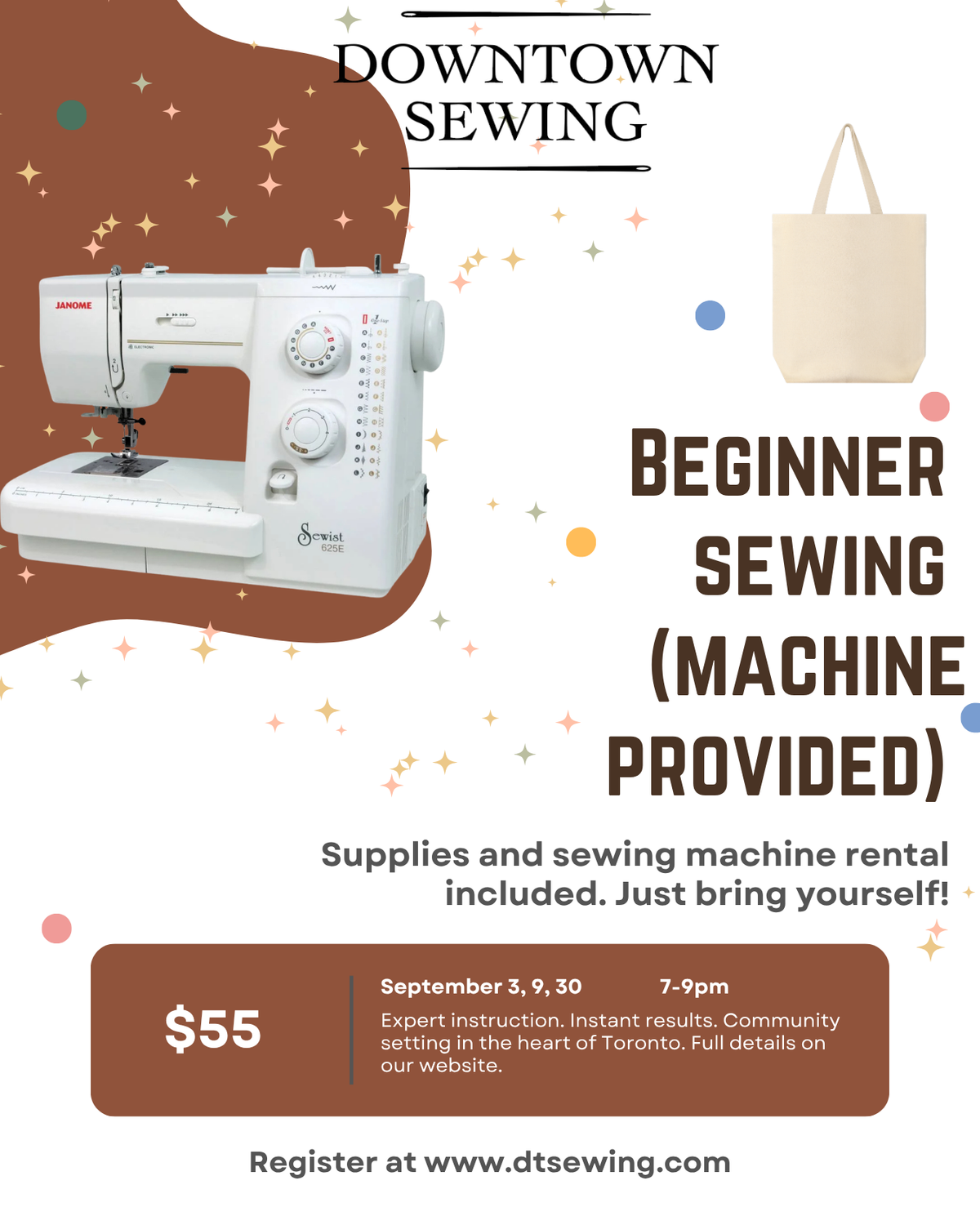 Beginner Sewing (machine provided) - Sep 3, 9, 30 (7-9pm)