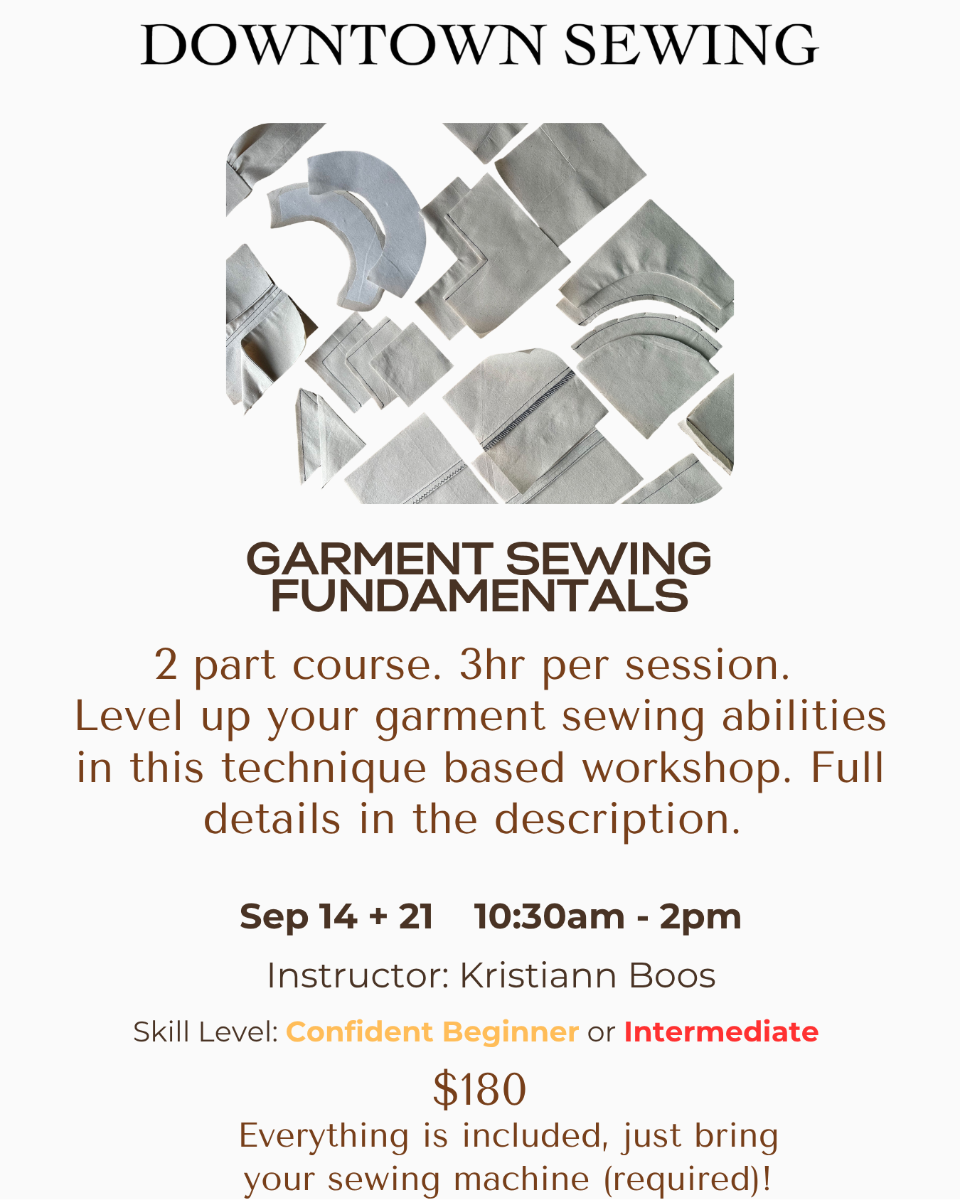 Garment Sewing Fundamentals - 2 part course - Sep 14 + 21 (10:30am - 2pm)