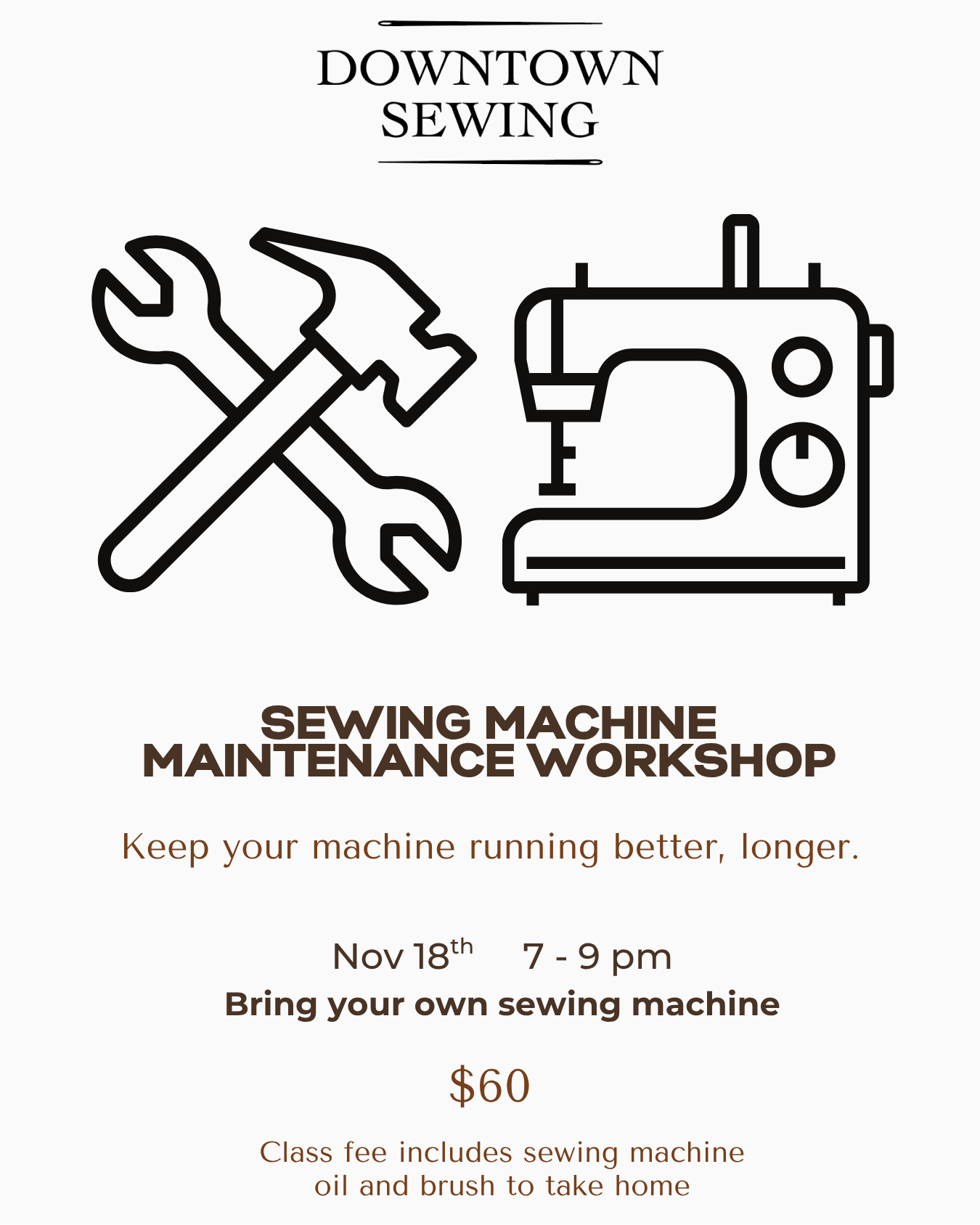Sewing Machine Maintenance Workshop - BYOM - Nov 18, 7-9pm