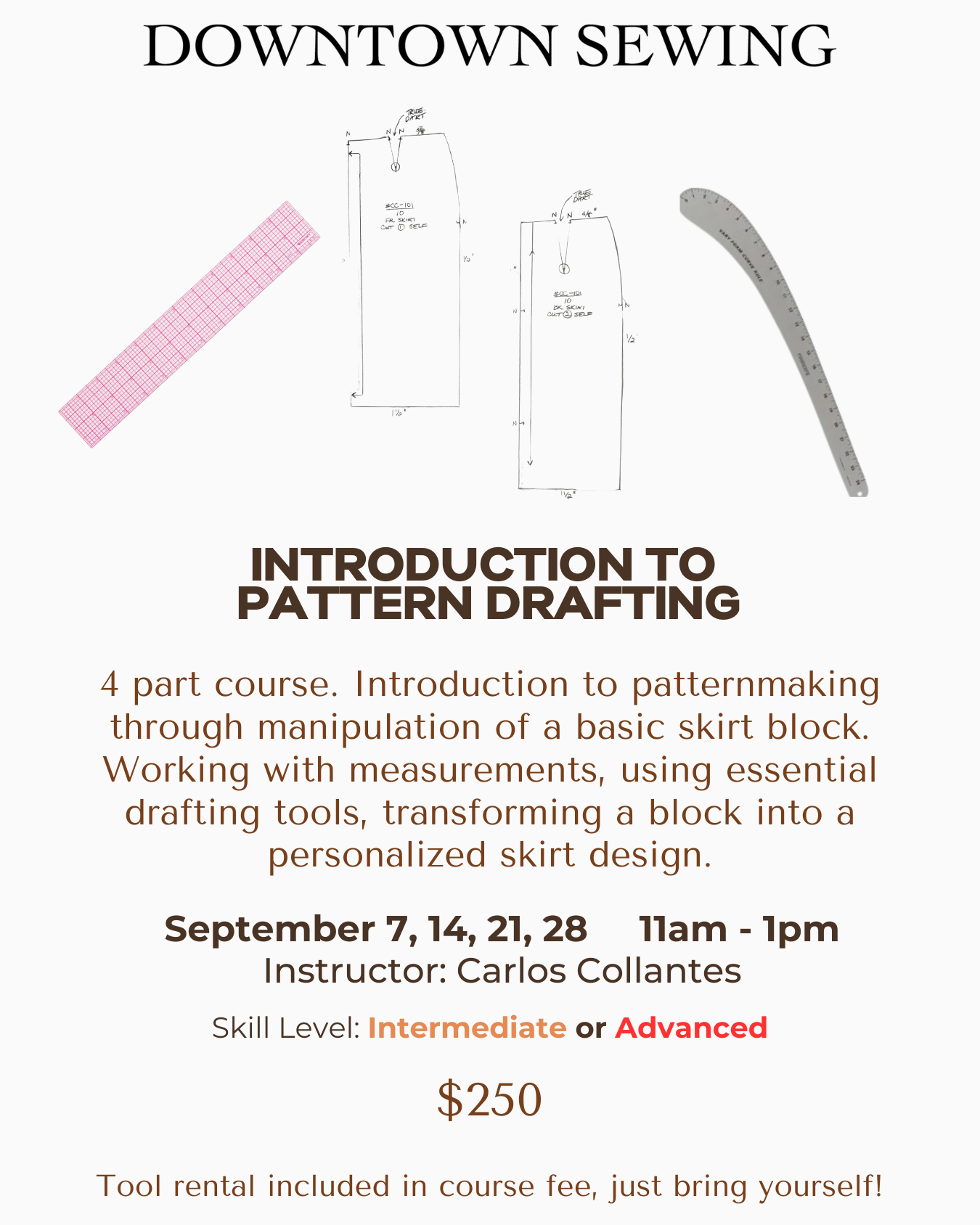 Introduction to Pattern Drafting - 4 part course - September 7, 14, 21, 28 (11am-1pm)