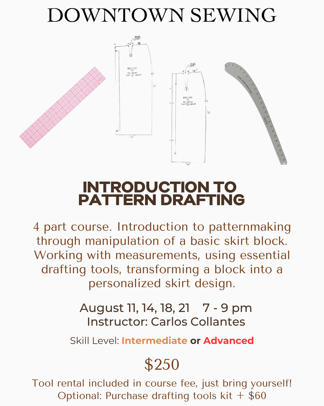 Introduction to Pattern Drafting - 4 part course - August 11, 14, 18, 21 (7-9pm)