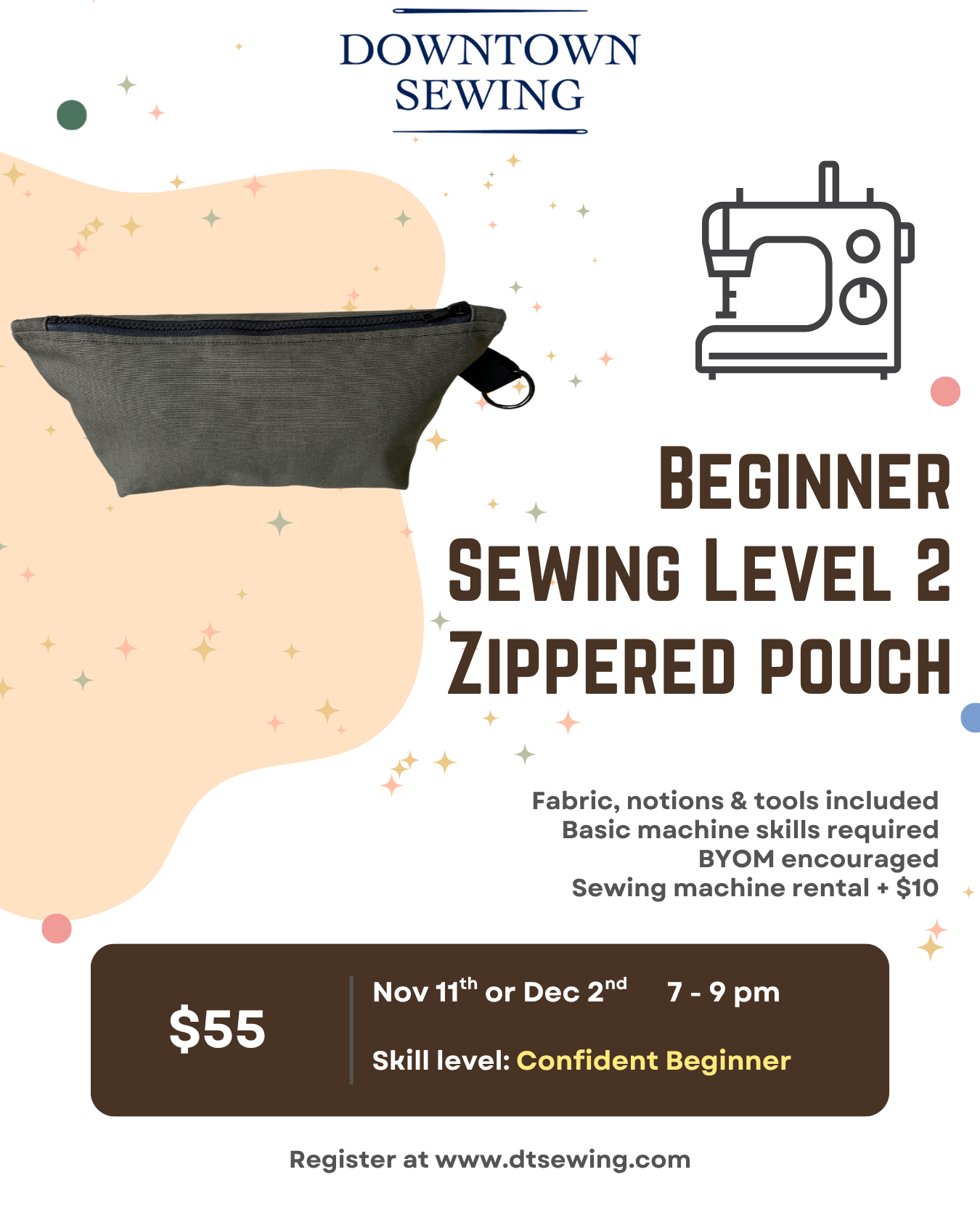 Beginner Sewing Level 2 - Zippered Pouch - Nov 11 or Dec 2, 7-9pm