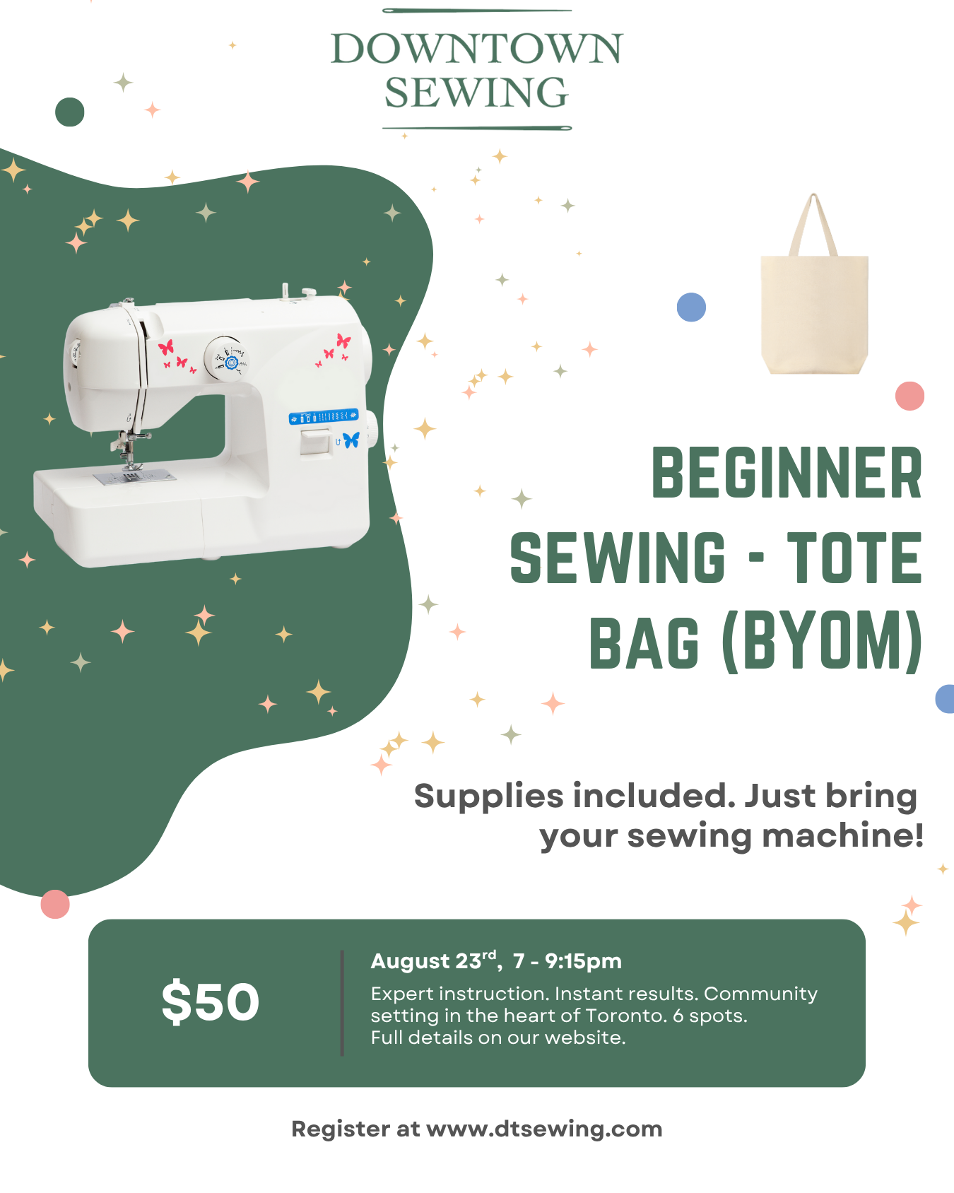 Beginner Sewing (BYOM) August 23, 7-9:15pm