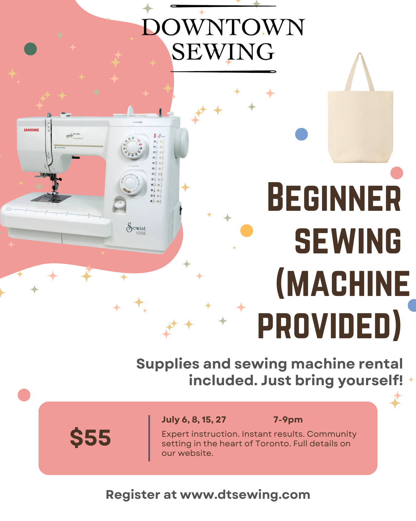 Beginner Sewing (machine provided) - July 6, 8, 15, 27   (7-9pm)