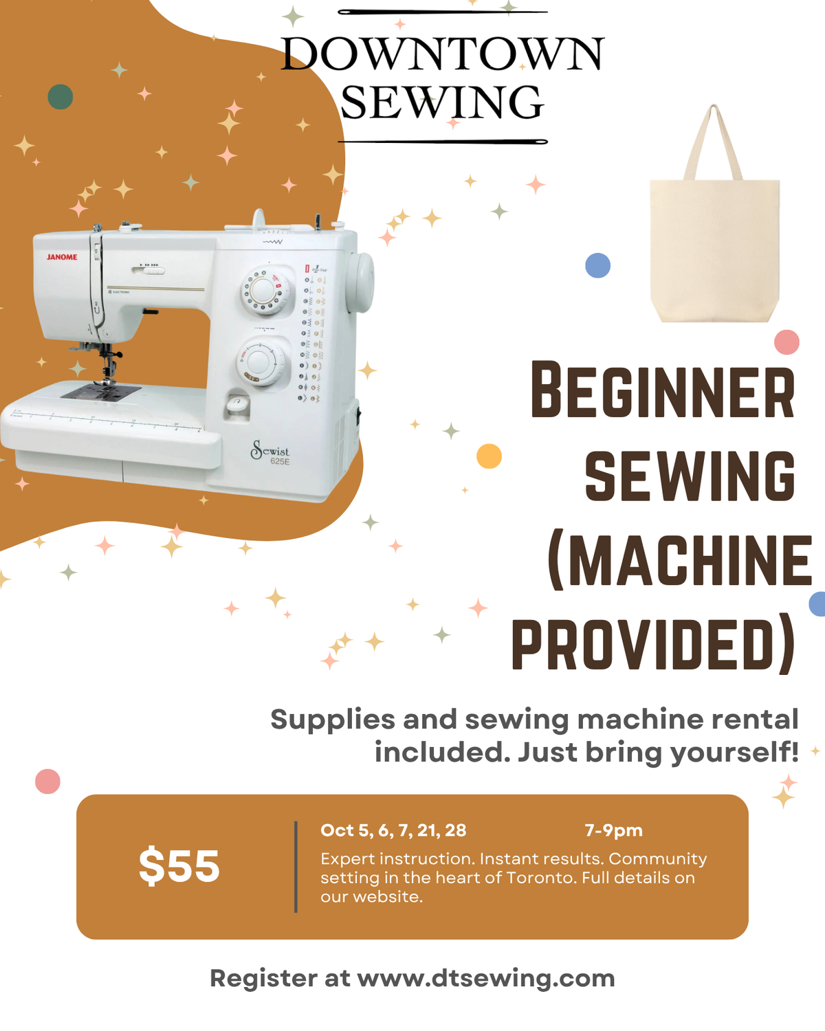Beginner Sewing (machine provided) - Oct 5, 6, 7, 21, 28  (7-9pm)