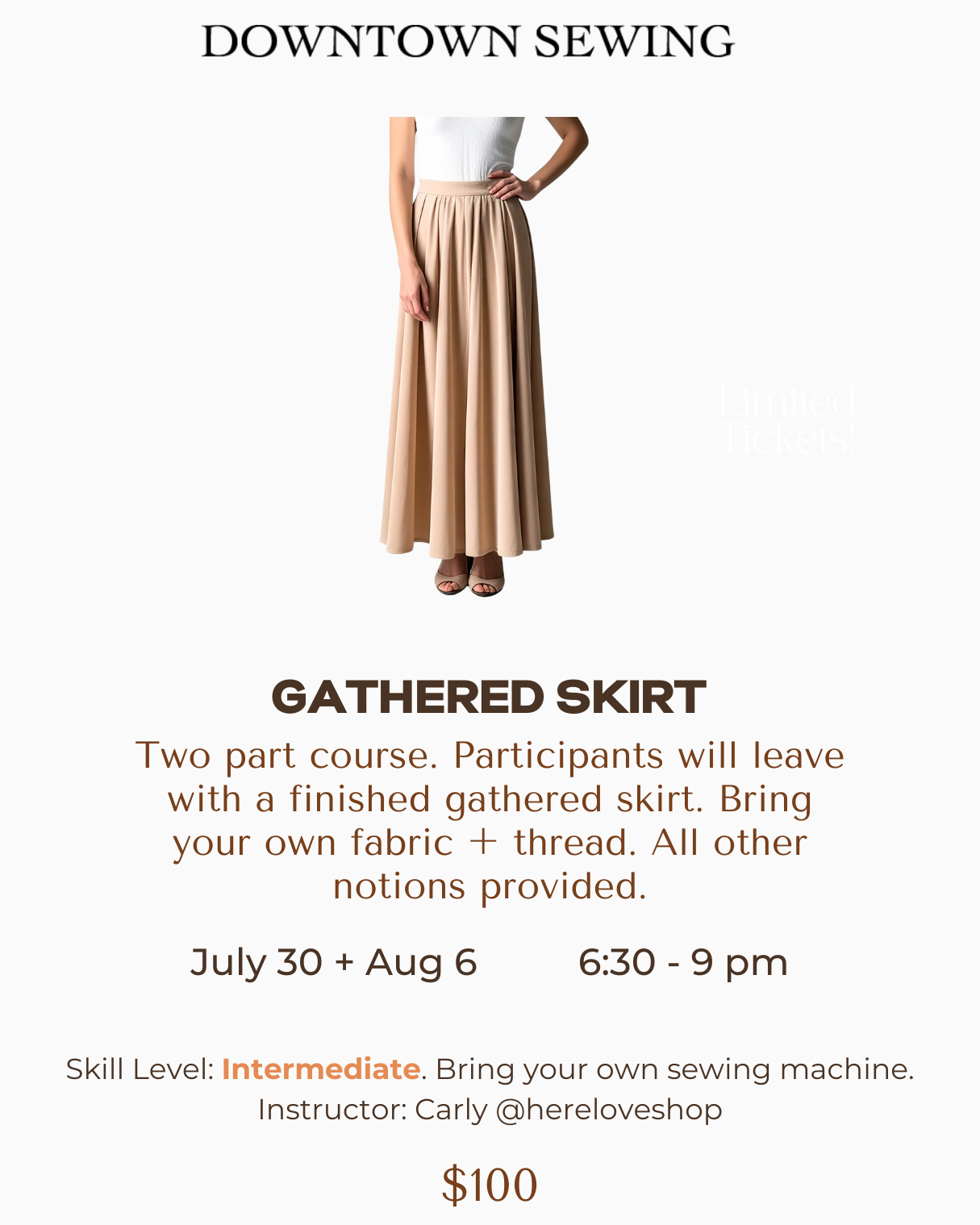 Gathered Skirt - 2 part course (BYOM) - July 30 + August 6, 6:30-9pm